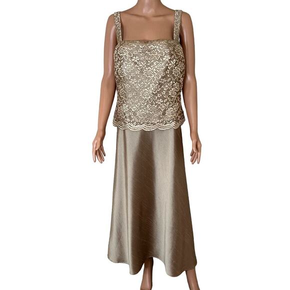 Coldwater Creek gold maxi dress lace top metalic sparkle SZ 14 Formal gown - Picture 2 of 12
